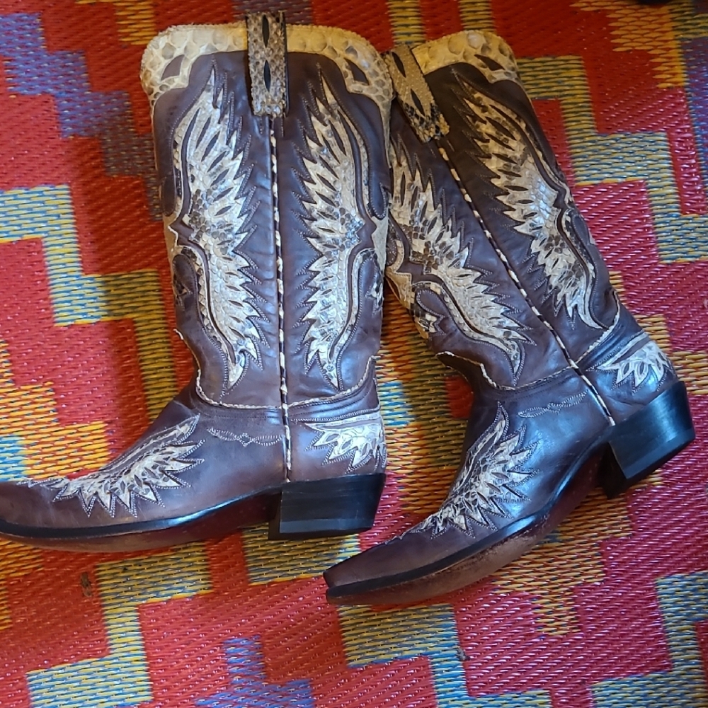 Vintage Old Gringo Brown Leather and Cream Snakeskin  Western  Boots